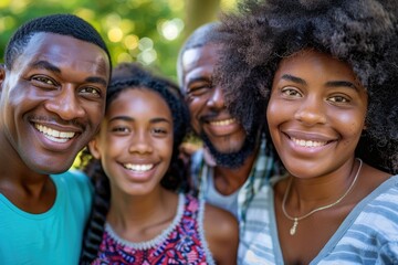 Fototapeta premium Happy African family smiling outdoors, closeup portrait.