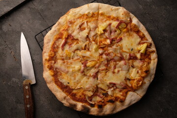 pizza on a wooden board