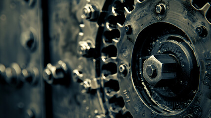 Close-up of metallic gears and machinery in dark tones.
