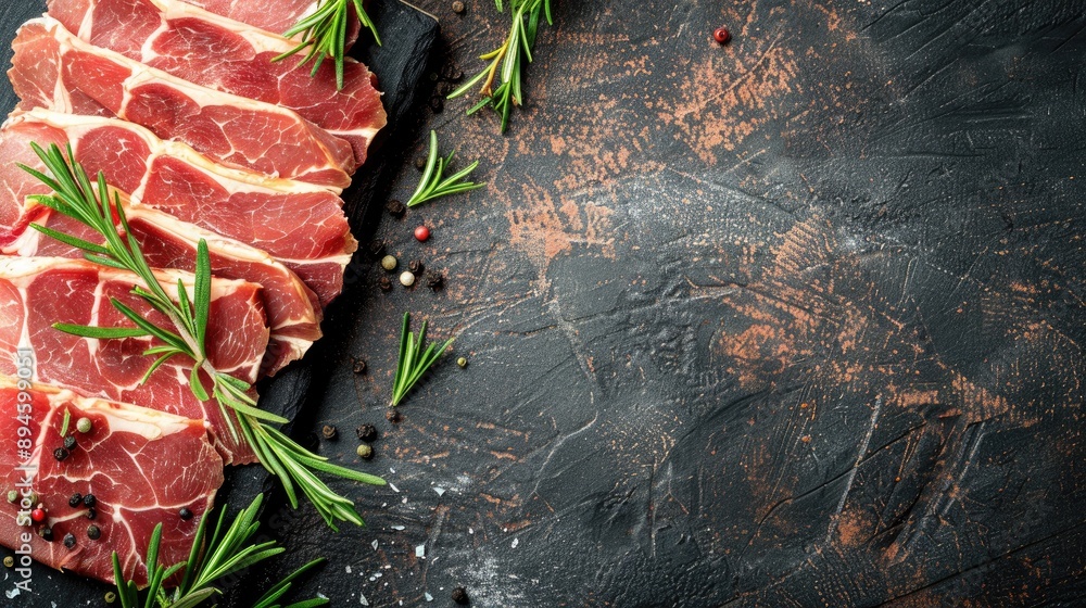 Poster fresh pork slices on rustic table with copy space