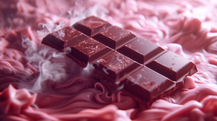 Delicious Chocolate Bar Surrounded by Creamy Pink Swirls and Vapor.