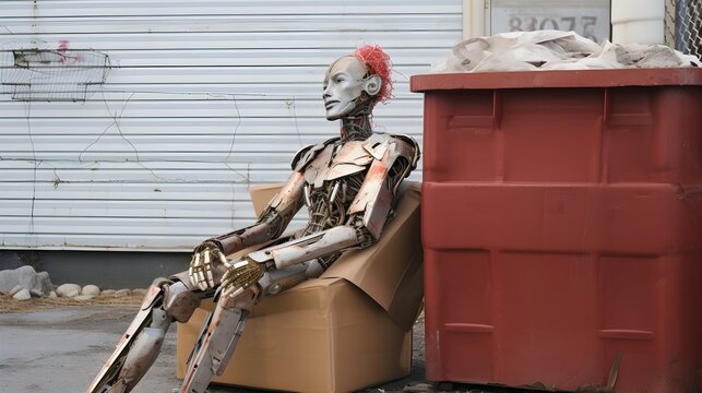 Broken humanoid robot in a dumpster UHD Wallpaper