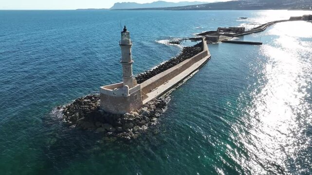 Aerial view of the Mediterranean port (Venetian Harbour) of Chania, Crete, Greek Islands, Greece
