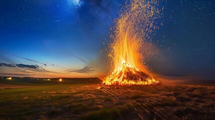 Fototapeta premium Huge Bonfire at Summer Solstice Festival: Night Scene with Starry Sky and Sparks