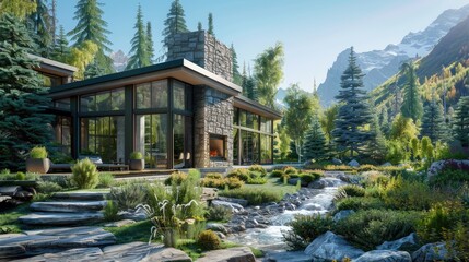 Obraz premium A contemporary mountain lodge with large glass windows, a stone fireplace, and a garden surrounded by tall pines and a bubbling stream.