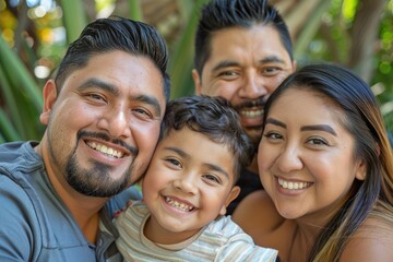Happy family with child smiling outdoors.
