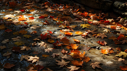 Fallen leaves in warm autumn hues, illuminated by dappled sunlight.


