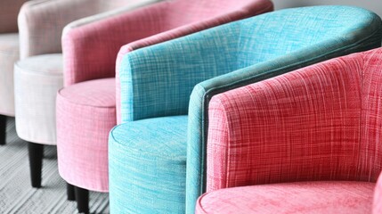 Obraz premium Row of colorful upholstered armchairs in modern interior design setting with bright natural light. Concept of comfort, modernity, and interior aesthetics. 