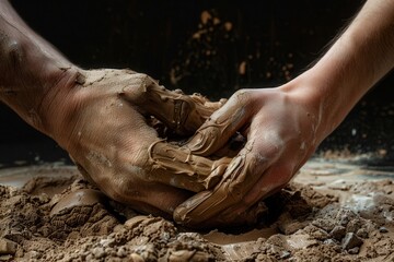 Two hands molding clay together, shaping agreement concept, with copy space