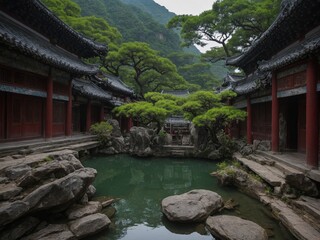 Amidst lush greenery, traditional chinese courtyard stands adorned with ornate latticework, red columns. Stepping stones lead across tranquil pond to small pavilion.