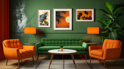 Fototapeta premium Green sofa and orange chairs against wall with poster frame. Mid - century, vintage, retro style home interior design of modern living room