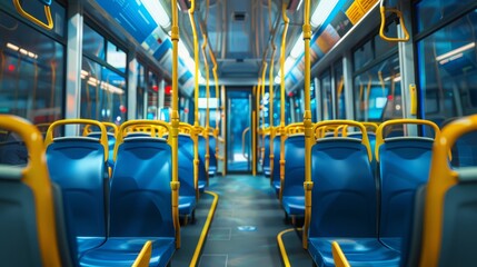 Fototapeta premium Empty City Bus Interior: Blue Seats and Yellow Handrails in Cluj, Romania