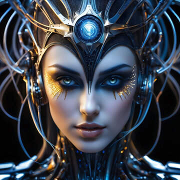 A futuristic humanoid stares into the camera, seamlessly blending human and robotic features.