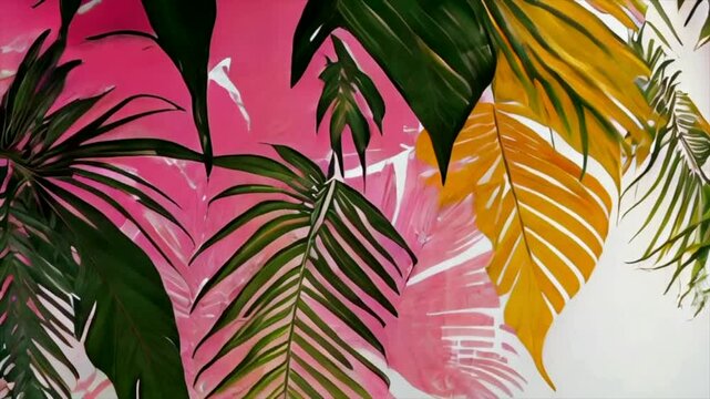 Trendy summer floral pattern background with colorful palm-shaped leaves. Botanical tropical leaves in vibrant summer colors. AI-generated.     