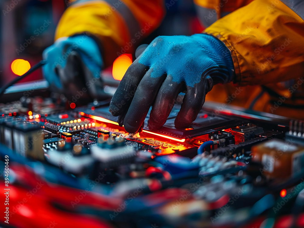 Poster close-up of a worker's hand examining a circuit board with red leds
