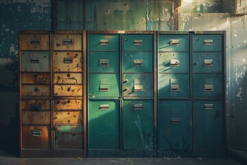 Vintage filing cabinets in an abandoned office, with copy space