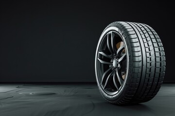 Black car tire with modern rim on dark background, copy space