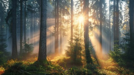 Obraz premium Sunbeams shine through the trees of a misty forest.