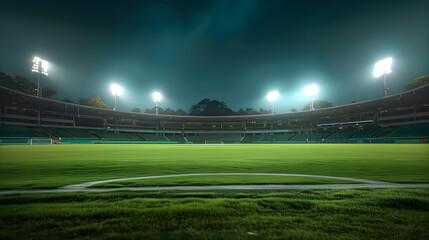 An empty stadium showcasing a well-maintained, lush green playing field under bright lights, ready for a night game