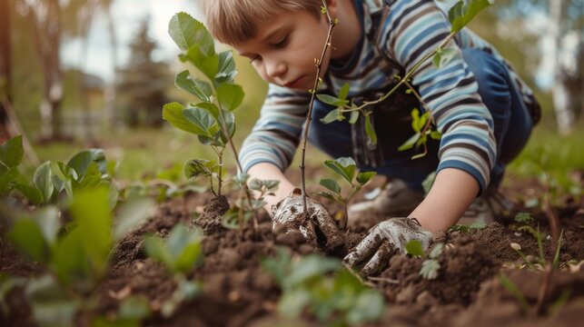 Junge pflanzt Baumsetzling &ndash; Nachhaltige Kinderaktion f&uuml;r die Umwelt
