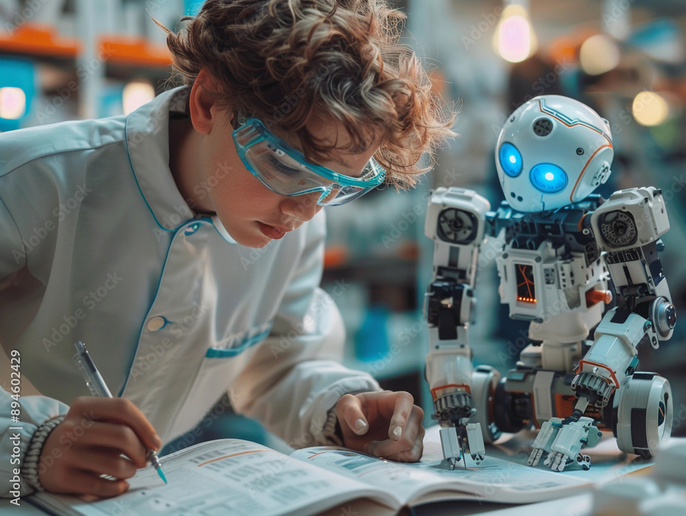 Poster young scientist studying robotics in laboratory
