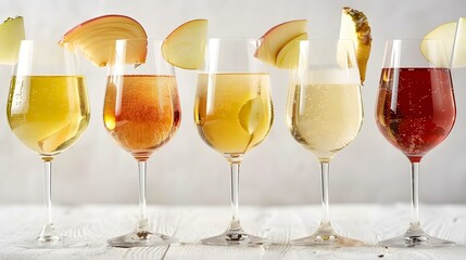 Five Glasses of Sparkling Wine with Apple and Pineapple Garnishes