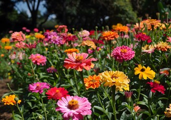 Obraz premium Colorful Zinnia Flowers in Garden