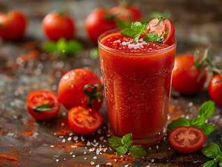 Freshly Made Tomato Juice With Basil and Salt on a Rustic Table