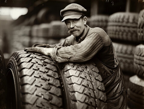 A Tire Factory Worker Poses With Tires in a 1900s Factory