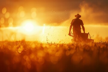 Fototapeta premium Silhouette of Farmer with Wheelbarrow at Sunset.