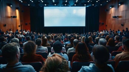Großes Auditorium vor Leinwand – Konferenz oder Kinovorstellung im vollbesetzten Saal