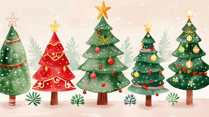 Obraz premium Colorful Christmas trees adorned with decorations and snowflakes, creating a festive winter atmosphere on a soft background