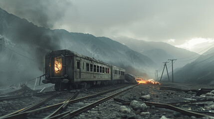 A distressed train, partly engulfed in flames, sits on tracks amidst a foggy mountainous terrain, evoking a sense of chaos and abandonment.