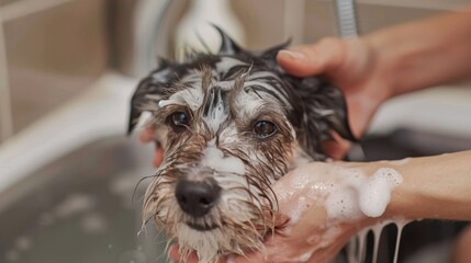 Niedlicher Hund wird gebadet beim Hundefriseur. Abduschen und Fell waschen mit Schaum.