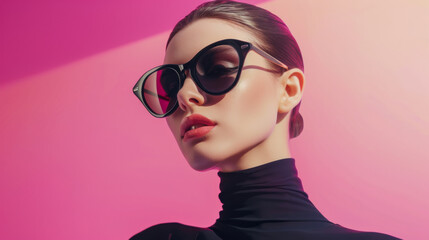 A sleek model in large black sunglasses poses confidently against a striking pink background, exuding contemporary fashion and style.
