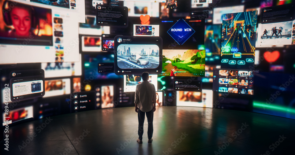 Poster back view of caucasian man looking at 3d cyberspace with animated social media interfaces, online vi