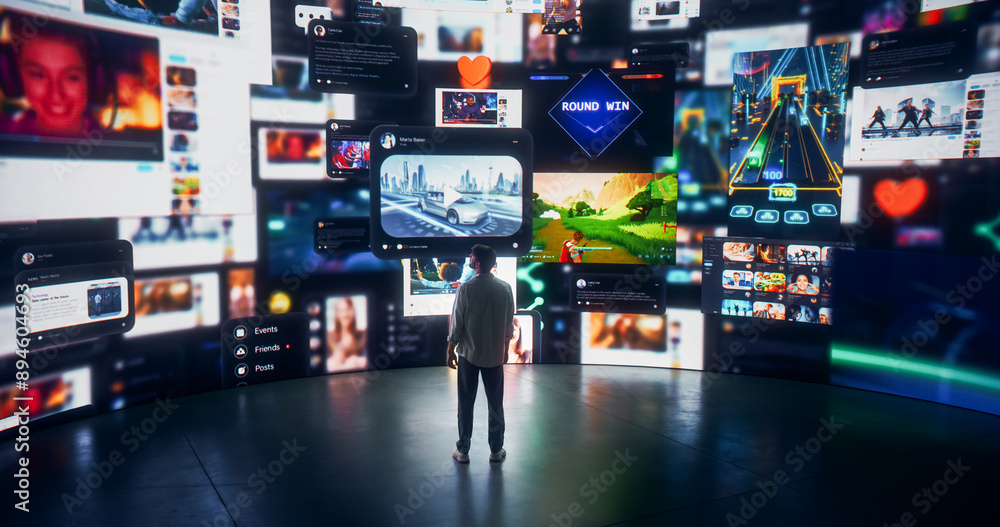 Poster Social Media Internet Web Concept: Caucasian Man Browsing Network of Websites, Online Games, Communities And Viral Videos. Animated Visualization Of Digital Interface Stream With Entertaining Content.