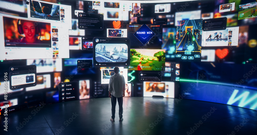 Poster Backview Of Caucasian Man Looking at Animated Stream Of Online Interfaces With Social Media, Fintech Services, e-Commerce Shopping, Internet Influencers, And Video Games. Visualization Of Web Network.