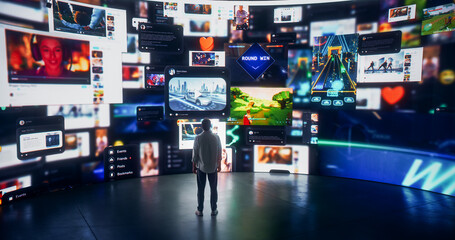 Backview Of Caucasian Man Looking at Animated Stream Of Online Interfaces With Social Media,...