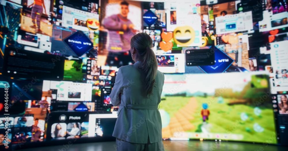 Poster Portrait Of Caucasian Woman Looking at Animated Stream of Content. Browsing Multimedia all in one Entertainment, Messaging, TV, Videos, emoji, Sharing, Video Game Playing, Online Shopping.