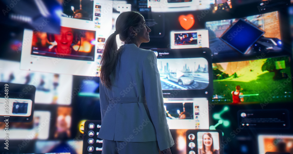 Poster Backview Of Caucasian Woman Looking at Cyberspace Internet Interface Browsing Web Content, Watching Video Streaming, Social Media. Animated Stream Of Online Entertainment With Influencers And Gaming.