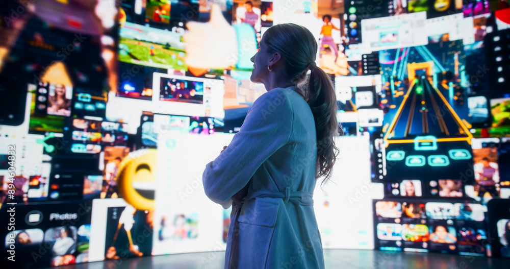 Poster portrait of caucasian woman looking at animated stream of content. browsing multimedia all-in-one en