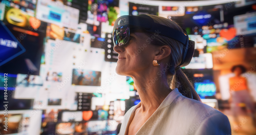 Poster closeup portrait of caucasian woman wearing augmented reality glasses and surfing animated network o