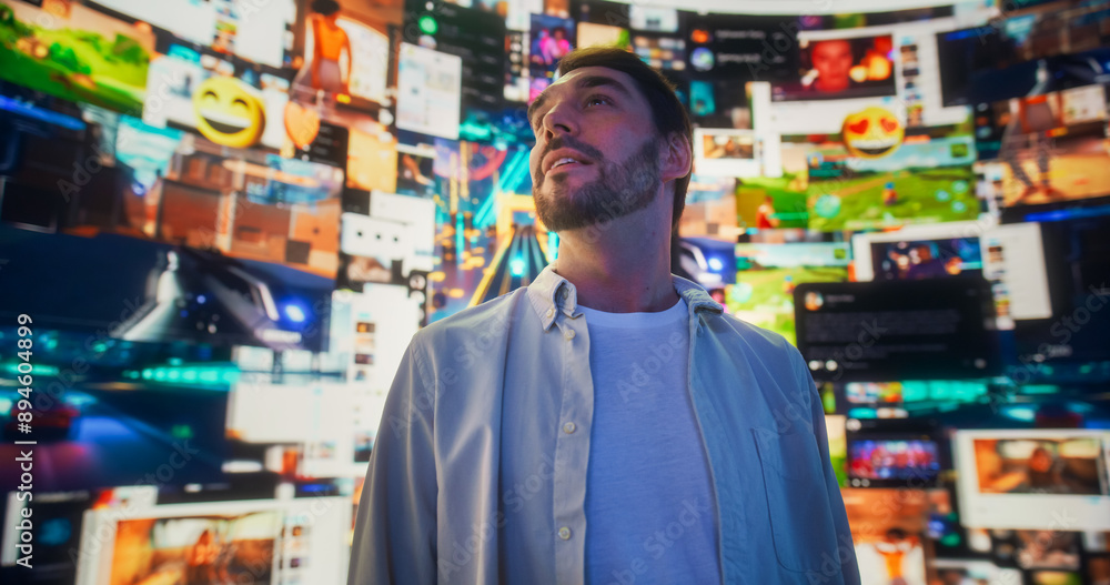 Poster portrait of caucasian man enjoying 3d cyberspace with animated social media interfaces, online video