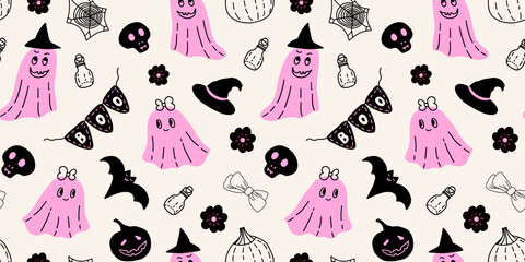Halloween seamless pattern with cute ghosts, witch hat, boo bunting, pumpkins, bat, skull, flowers, bows, spider web and potion. Vector illustration in pink, black and white colors. October holiday.