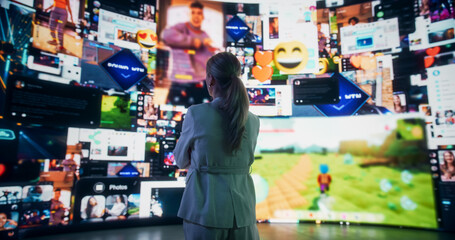 Portrait Of Caucasian Woman Looking at Animated Stream of Content. Browsing Multimedia all in one Entertainment, Messaging, TV, Videos, emoji, Sharing, Video Game Playing, Online Shopping.