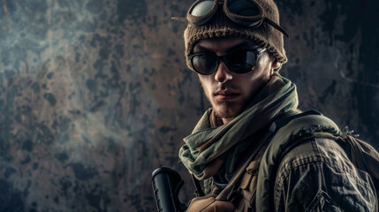 Obraz premium A rugged man in military attire, equipped with a beanie, goggles, and scarf, stands confidently, embodying toughness and preparedness.