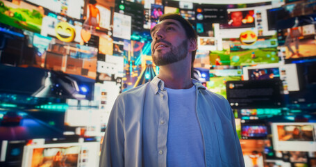 Portrait Of Caucasian Man Enjoying 3D Cyberspace With Animated Social Media Interfaces, Online...