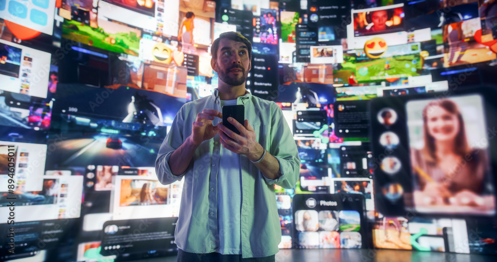 Poster portrait of caucasian man using smartphone in 3d cyberspace with animated social media interfaces, o