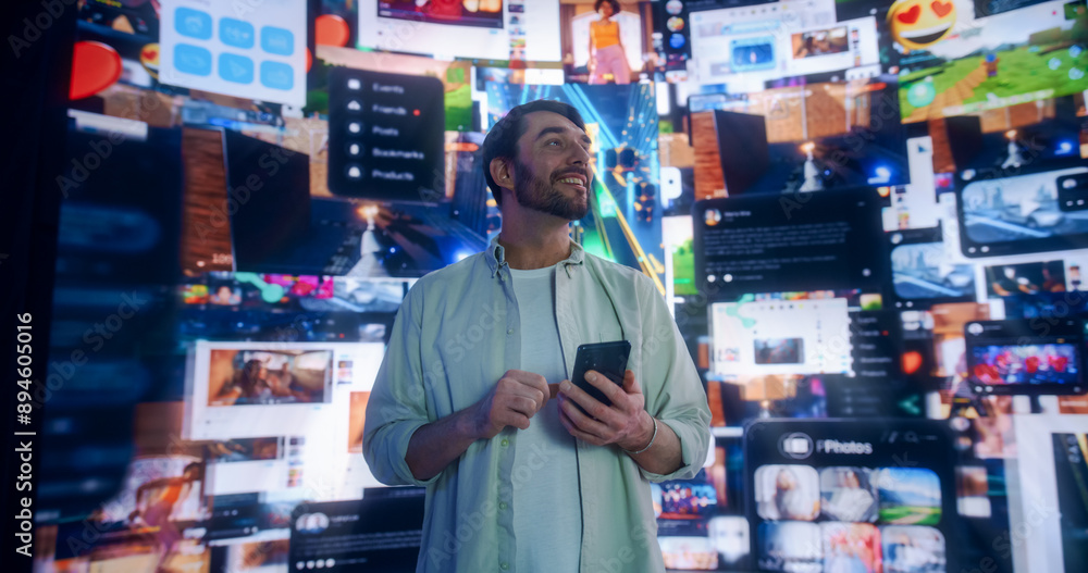 Poster portrait of caucasian man using smartphone in 3d cyberspace with animated social media interfaces, o